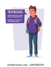 Happy student with a backpack and a book. Cheerful young man. Cartoon vector illustration