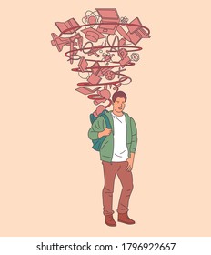 Happy student with backpack ready for the university, successful preparation for education. Hand drawn style vector design illustrations.