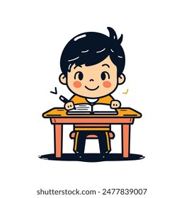 happy student with black hair sitting in school desk writing in the book