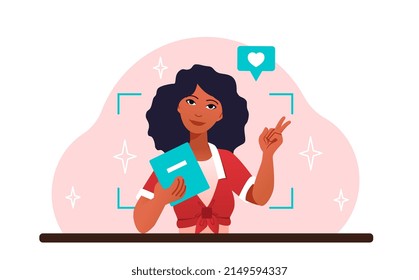 Happy student with books concept. Young African American woman smiles and shows peaceful gesture. Happy female character photographed. University education. Cartoon modern flat vector illustration