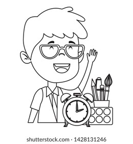 happy student boy with alarm clock and supplies