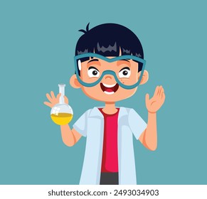 
Happy Student Boy Doing a Science Experiment Vector Cartoon Illustration. Cheerful child studying chemistry in school 
