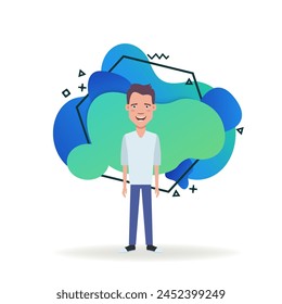 Happy student boy flat vector illustration. Boy in T-shirt and trousers glad to pass exams. Studying, education, knowledge concept for web design, banner or landing page