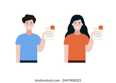 Happy student boy and girl holding certificate reward. Education, gradation, school learning, accomplishment concept. Flat people characer vector design isolated illustration.