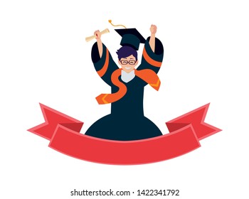 happy student boy graduated celebrating with ribbon frame