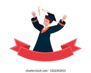 happy student boy graduated celebrating with ribbon frame