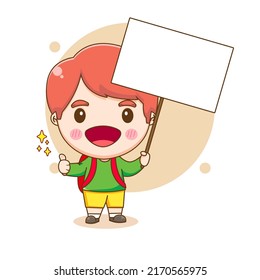 Happy student boy holding empty board. Kid showing thumb up with star around. Chibi cartoon character. Vector art illustration