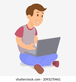 happy student boy with laptop computer writing or texting