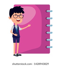 happy student boy with notebook supply