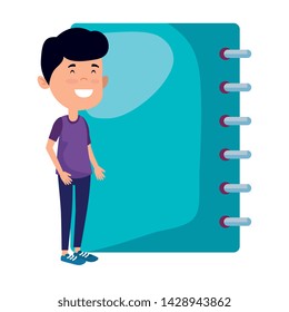 happy student boy with notebook supply