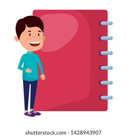 happy student boy with notebook supply