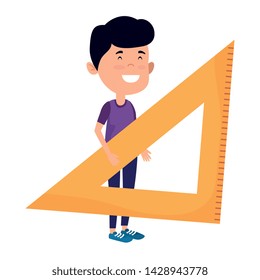 happy student boy with rule triangle