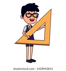 happy student boy with rule triangle