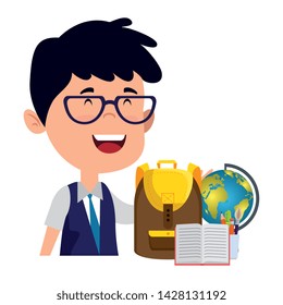 happy student boy with schoolbag and world map