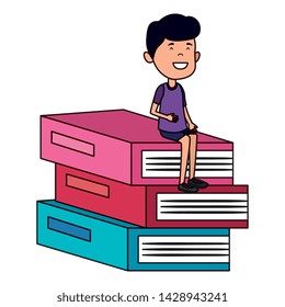happy student boy seated in pile books