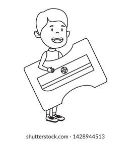 happy student boy with sharpener