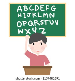 Happy student boy siting in front of green board and showing his hand.Vector illustration.