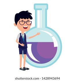 happy student boy with tube test flask