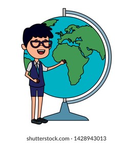 happy student boy with world map supply