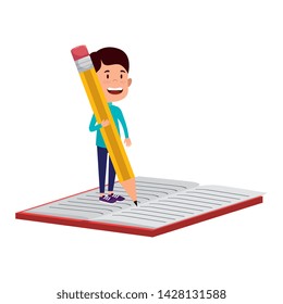 happy student boy writing with pencil in book