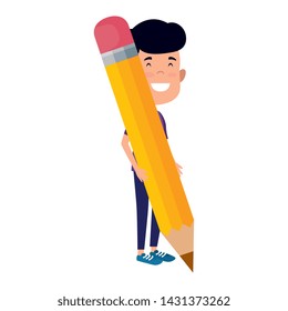 happy student boy writing with pencil