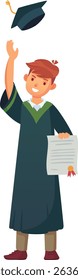 Happy student celebrating academic achievement, wearing a graduation gown, throwing a cap into the air, and proudly holding a diploma, embodying joy and success at graduation