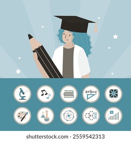 Happy student celebrating graduation. Academic success, young girl achievement, education and learning, female character with giant pencil. Set of school or college subjects icons, signs. flat vector