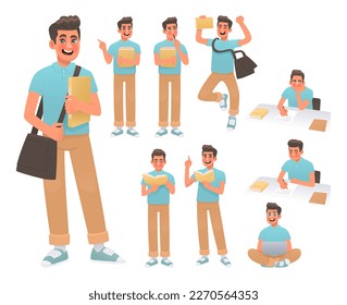 Happy student character set. A guy with books and a backpack in various poses and actions. The boy thinks, reads, jumps. Vector illustration in cartoon style