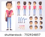 Happy student character with various views, face emotions, poses . Front, side, back view animated character.Vector clip art