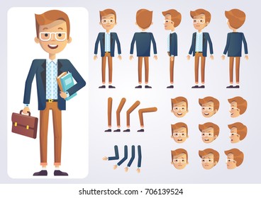 Happy student character with various views, face emotions, poses . Front, side, back view animated character.