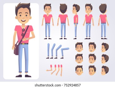 Happy student character with various views, face emotions, poses . Front, side, back view animated character.Vector clip art