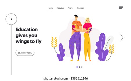 Happy Student Characters with Books for Landing Page. Male and Female People Students with Textbook. Education Graduation Banner, Website, Web Page. Vector flat cartoon illustration