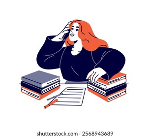 Happy student communicates by call during learning, doing homework. Girl studies with books, textbooks on the desk and talk on the phone. Flat isolated contour vector illustration on white background