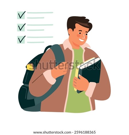 Happy student with completed assignment. Cartoon smiling guy with backpack and books in his hands. White background with check table.Vector design for use in banner template,poster. Flat illustration.