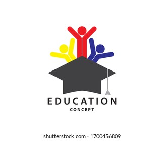 Happy student with different derections. Educations and logo concept.