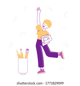 Happy Student Female Character Rejoice, Passing Exams, Education Concept, Girl with Book and School Stationery. Back to School, College or University, Gaining Knowledge. Linear Vector Illustration