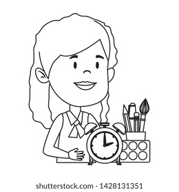 happy student girl with alarm clock and supplies