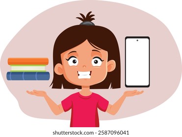 
Happy Student Girl Decides Between Books and Smartphone Vector Illustration . Joyful  student weighs her options between reading materials and her mobile device 
