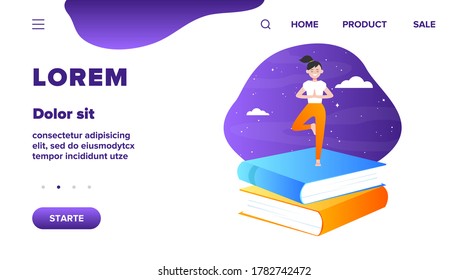 Happy student girl doing yoga. Stack of books, night sky, tree pose flat vector illustration. Meditation, relaxation, balance concept for banner, website design or landing web page