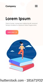 Happy student girl doing yoga. Stack of books, night sky, tree pose flat vector illustration. Meditation, relaxation, balance concept for banner, website design or landing web page