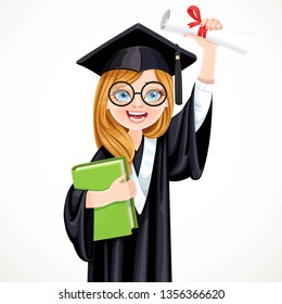Happy student girl in glasses holding a diploma isolated on a white background