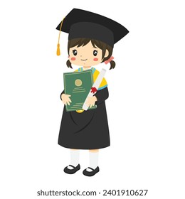 Happy student girl graduate character vector. Girl wearing graduation hat and gown, smiling and holding a graduation diploma and certificate tube. 