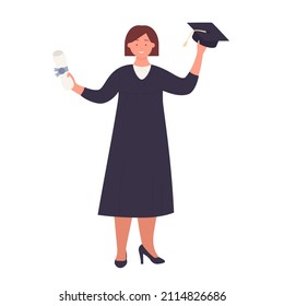 Happy student girl holding a graduation cap and diploma. Gaining academic qualification certificate cartoon vector illustration
