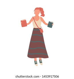 Happy student girl in long ornament skirt with books