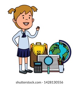 happy student girl with schoolbag and world map