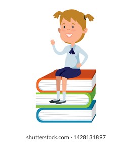 happy student girl seated in pile text books