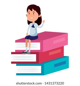 happy student girl seated in pile text books