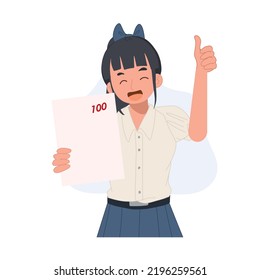 Happy student girl is showing score from the exam.doing thumbs up. Thai student uniform. Asian student.Vector illustration