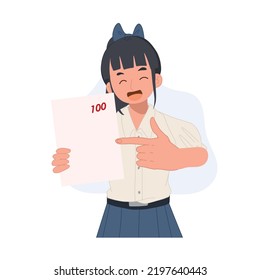 Happy student girl is showing score from the exam. Thai student uniform.Asian student.Vector illustration