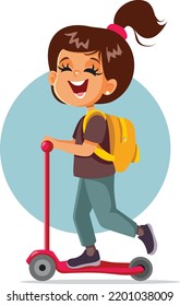 
Happy Student Going to School on a Scooter Vector Cartoon Illustration. Cheerful school child starting classes riding an electric transportation mode
